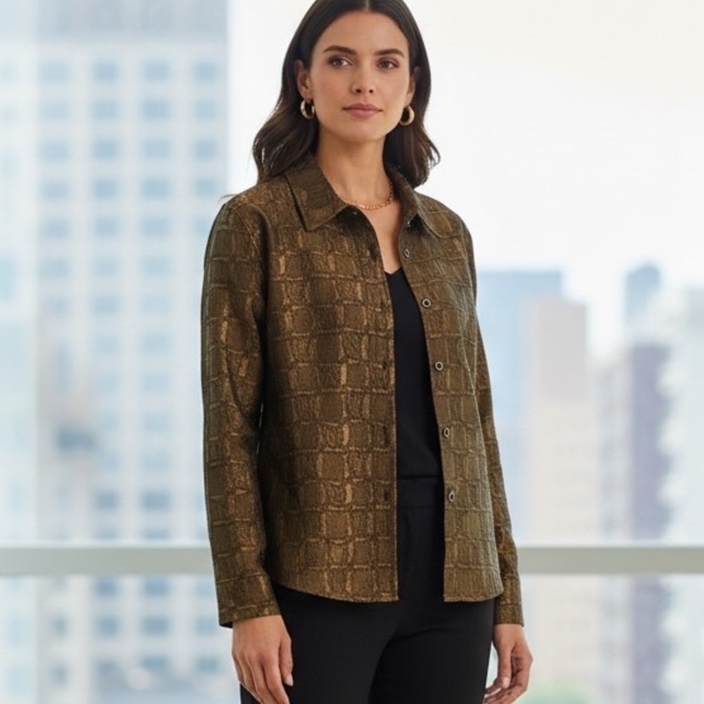 Chicos Design Vintage Bronze Gold Metallic Jacquard‎ Shirt Jacket Size 1 Medium